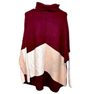 Maroon, Cream, and White Long Sleeve Turtle Neck High-Low Knit Sweater